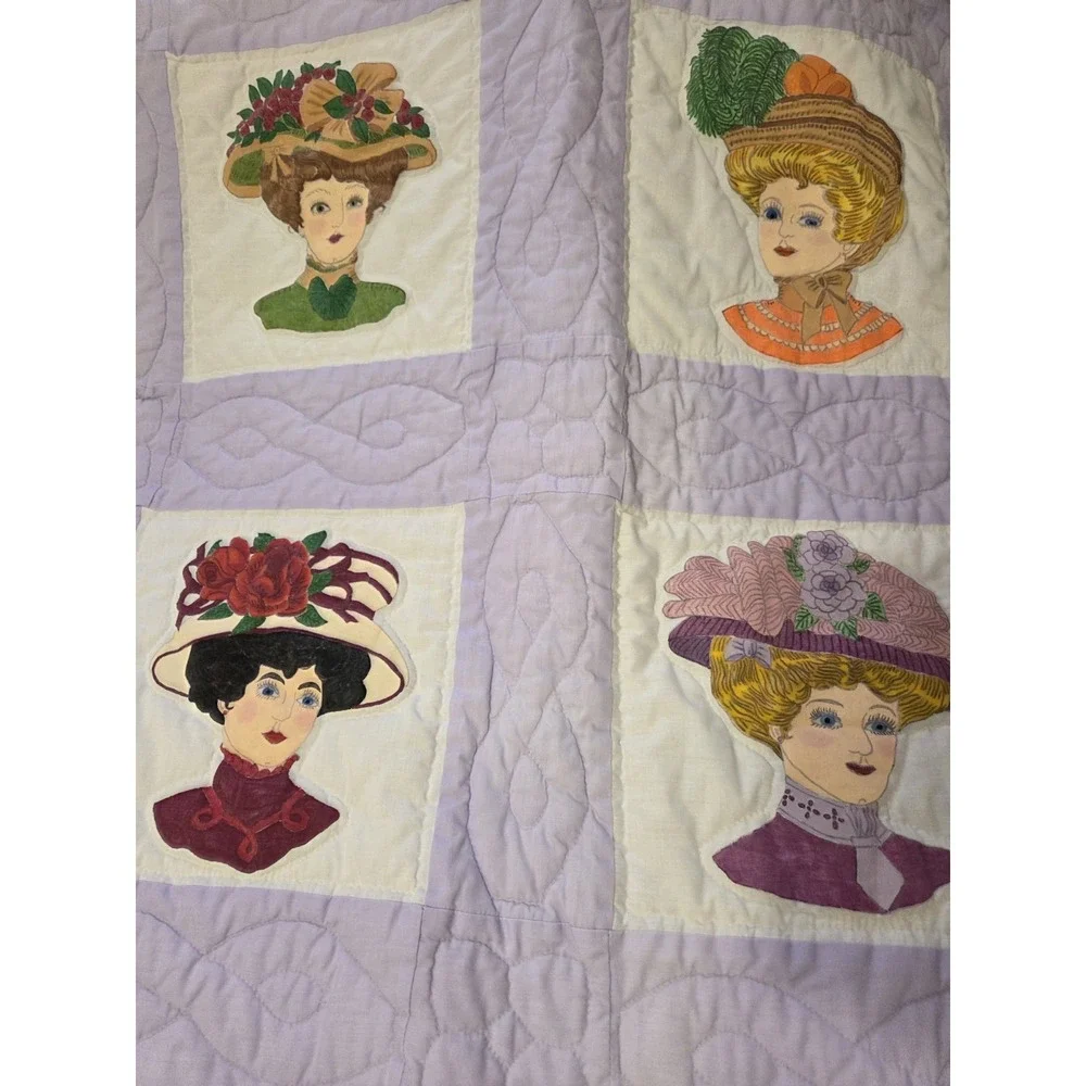 Vtg Quilt Victorian Ladies Applique Edwardian Whimsy Fashion Hats Millinery